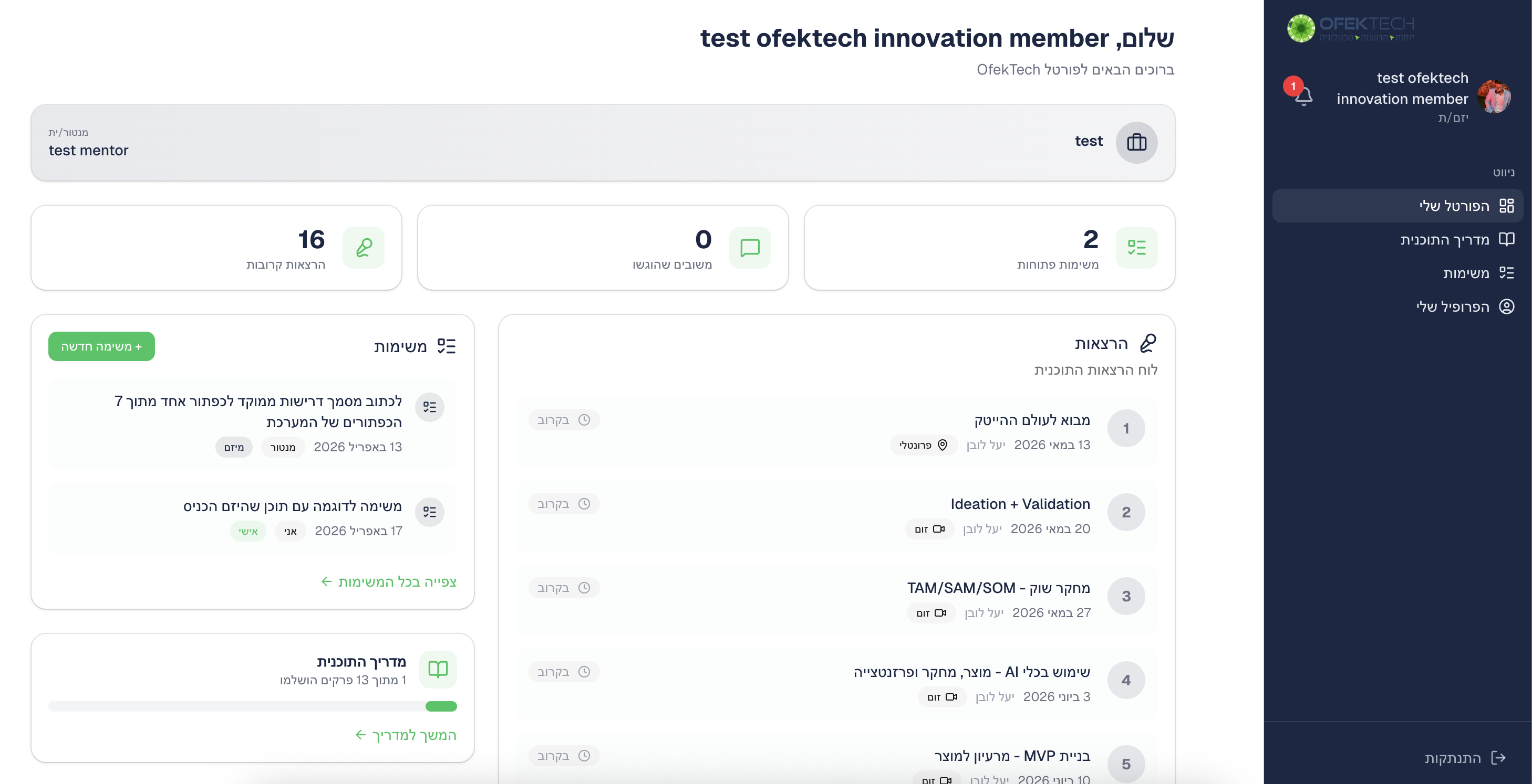 הדשבורד הראשי — הכל במקום אחד