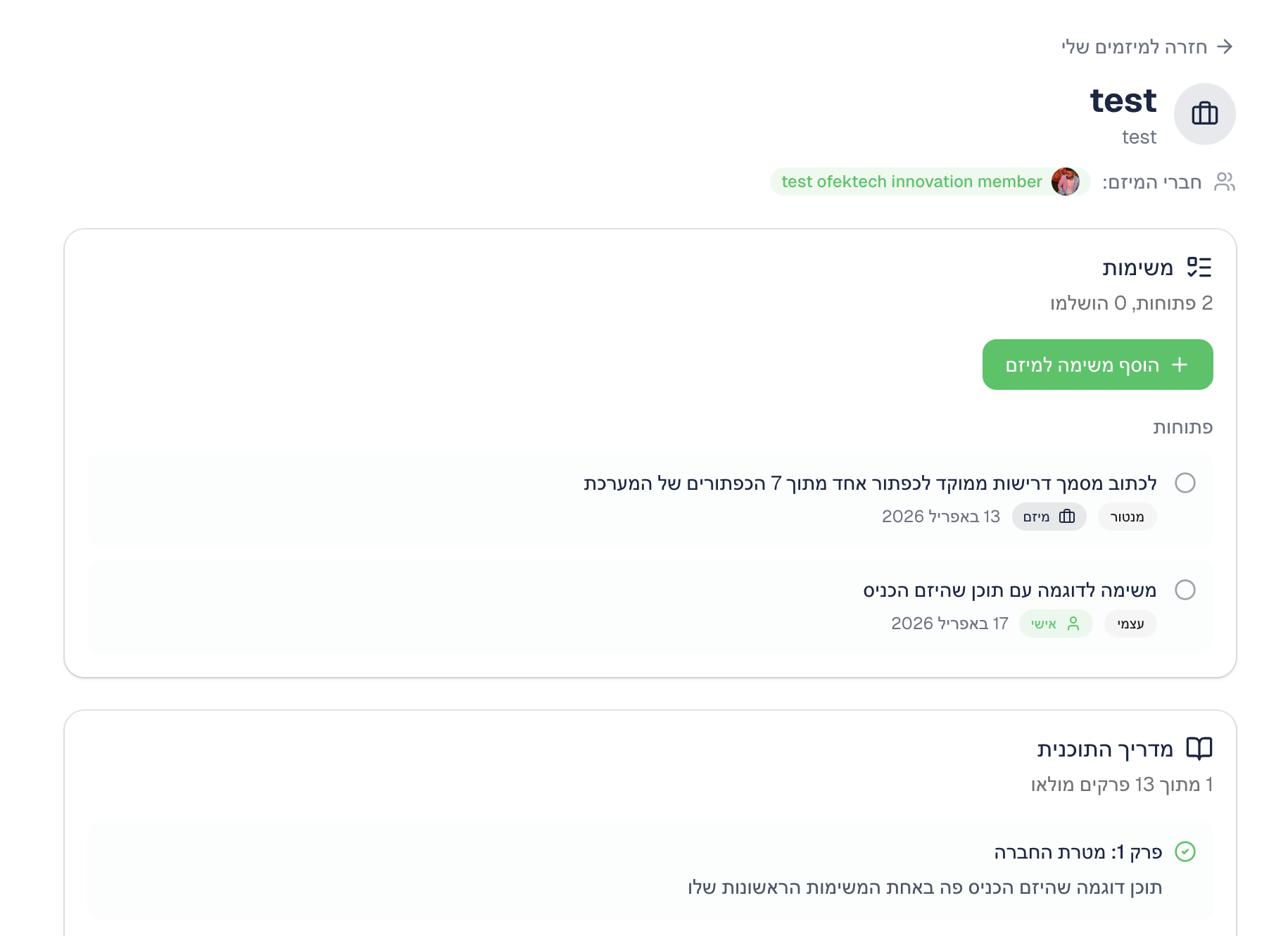 דף פרטי מיזם — משימות, מדריך ומשובים